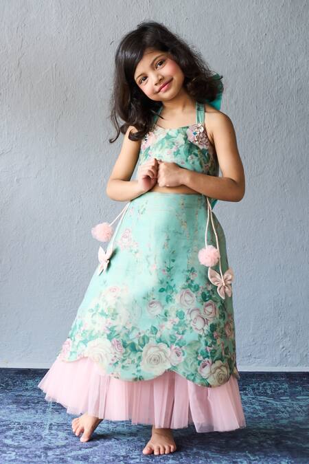 Pinkcow designs pvt ltd_Mint Organza Fabric Flowers, Bows Floral Print Halter Neck Frock _at_Aza_Fashions