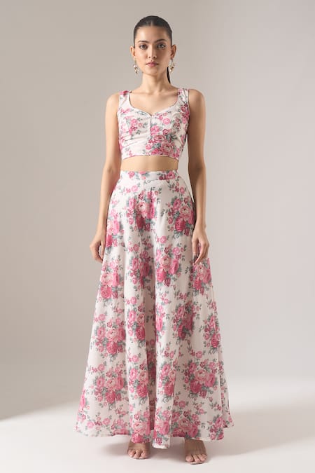 Buy_Samyukta Singhania_White Cotton, Georgette Floral Printed Lehenga Set _Online_at_Aza_Fashions