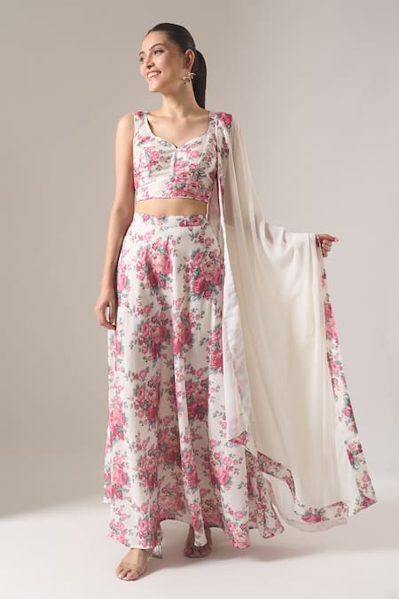 Shop_Samyukta Singhania_White Cotton, Georgette Floral Printed Lehenga Set _Online_at_Aza_Fashions