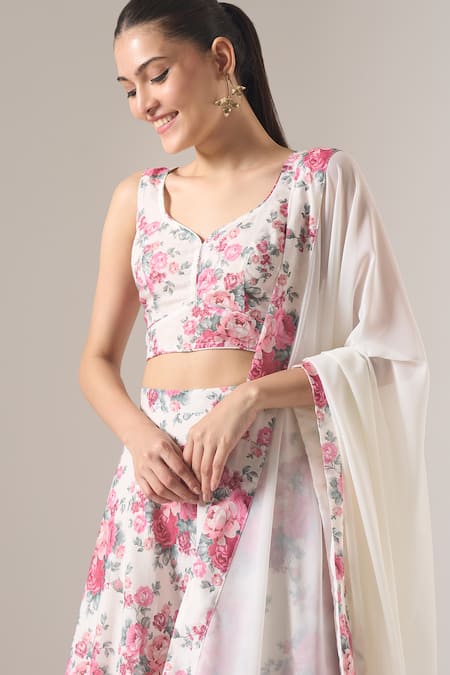 Samyukta Singhania_White Cotton, Georgette Floral Printed Lehenga Set _at_Aza_Fashions