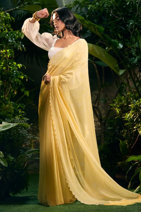 Buy_Aza X Shilpa Shetty Kundra_Yellow Georgette, Silk Satin, Animal Swirl Print Saree With Puff Sleeve Blouse _Online_at_Aza_Fashions