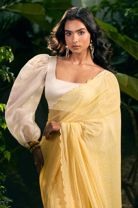 Shop_Aza X Shilpa Shetty Kundra_Yellow Georgette, Silk Satin, Animal Swirl Print Saree With Puff Sleeve Blouse _Online_at_Aza_Fashions