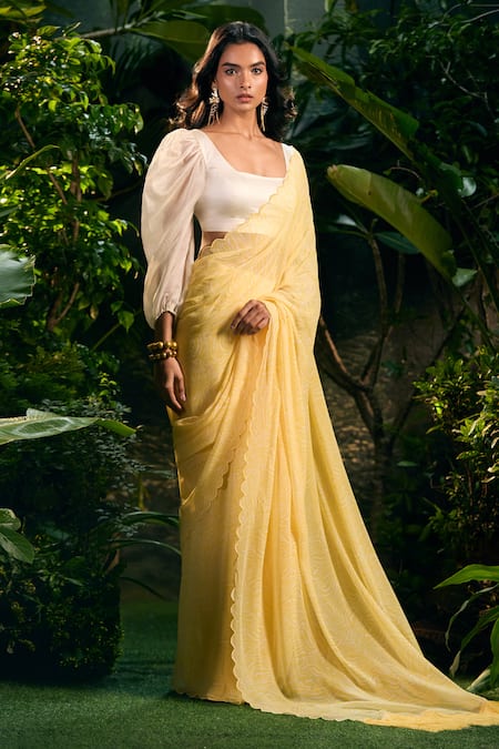 Buy_Aza X Shilpa Shetty Kundra_Yellow Georgette, Silk Satin, Animal Swirl Print Saree With Puff Sleeve Blouse 
