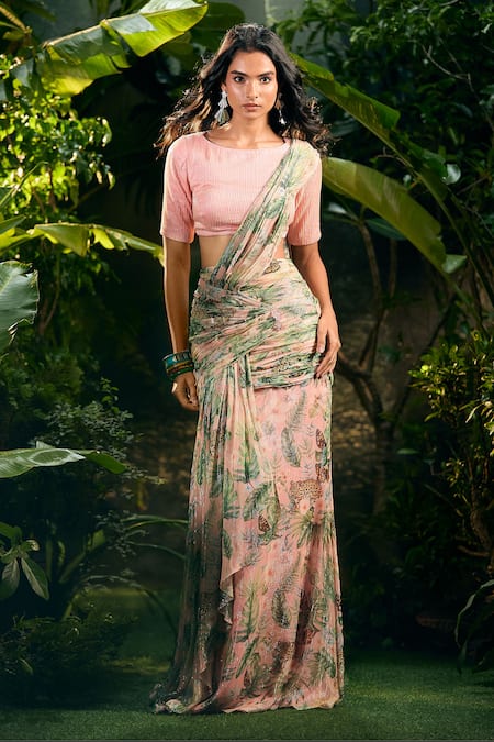 Aza X Shilpa Shetty Kundra Leafy Print Pre-Draped Saree With Blouse 