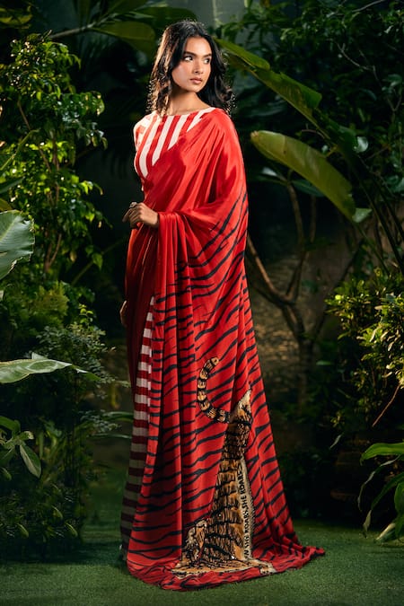 Buy Aza X Shilpa Shetty Kundra Red Viscose, Crepe Embroidery Boat Stripe Print Saree With Co-ordinating Blouse Online at Aza Fashions Buy_Aza X Shilpa Shetty Kundra_Red Viscose, Crepe Embroidery Boat Stripe Print Saree With Co-ordinating Blouse_Online_at_Aza_Fashions