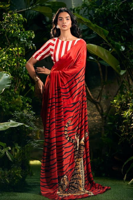 Shop Aza X Shilpa Shetty Kundra Red Viscose, Crepe Embroidery Boat Stripe Print Saree With Co-ordinating Blouse Online at Aza Fashions Shop_Aza X Shilpa Shetty Kundra_Red Viscose, Crepe Embroidery Boat Stripe Print Saree With Co-ordinating Blouse_Online_at_Aza_Fashions