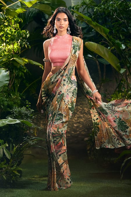 Aza X Shilpa Shetty Kundra Forest Print Pre-Draped Saree With Pink Blouse 