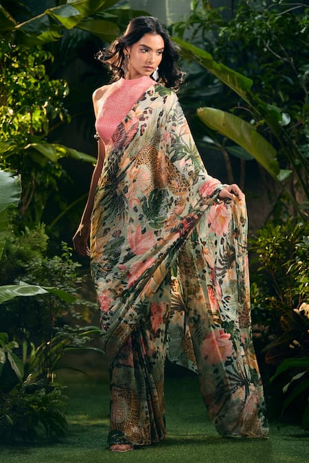 Aza X Shilpa Shetty Kundra Forest Print Pre-Draped Saree With Pink Blouse 