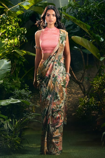 Buy_Aza X Shilpa Shetty Kundra_Green Lurex, Georgette, Modal, Forest Print Pre-draped Saree With Pink Blouse _Online_at_Aza_Fashions