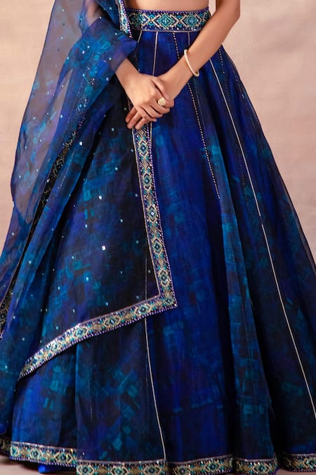 Laxmishriali_Cobalt Organza, Dupion Beads, Pearls, Sequins, Printed And Lehenga Set _Online_at_Aza_Fashions