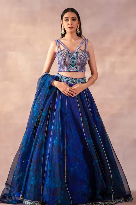 Buy_Laxmishriali_Cobalt Organza, Dupion Beads, Pearls, Sequins, Printed And Lehenga Set _Online_at_Aza_Fashions