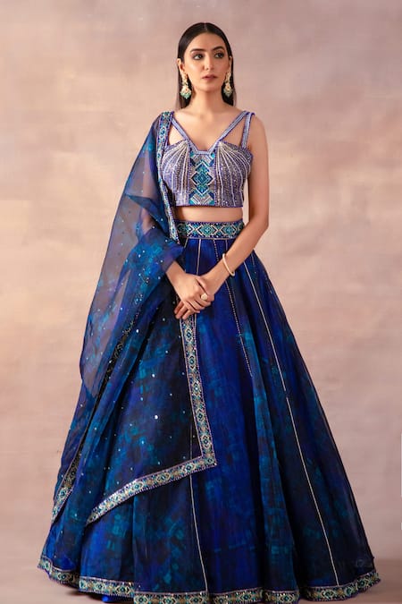 Shop_Laxmishriali_Cobalt Organza, Dupion Beads, Pearls, Sequins, Printed And Lehenga Set _Online_at_Aza_Fashions
