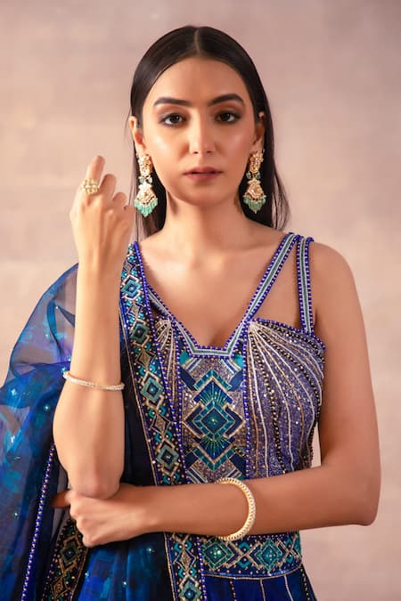 Laxmishriali_Cobalt Organza, Dupion Beads, Pearls, Sequins, Printed And Lehenga Set _at_Aza_Fashions