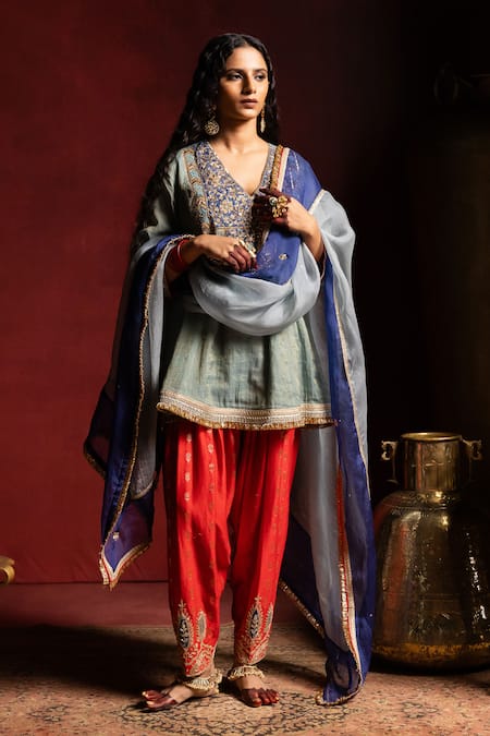 Buy_Pants And Pajamas_Blue Silk Organza Embroidery, Zari Raunaq Dupatta _Online_at_Aza_Fashions