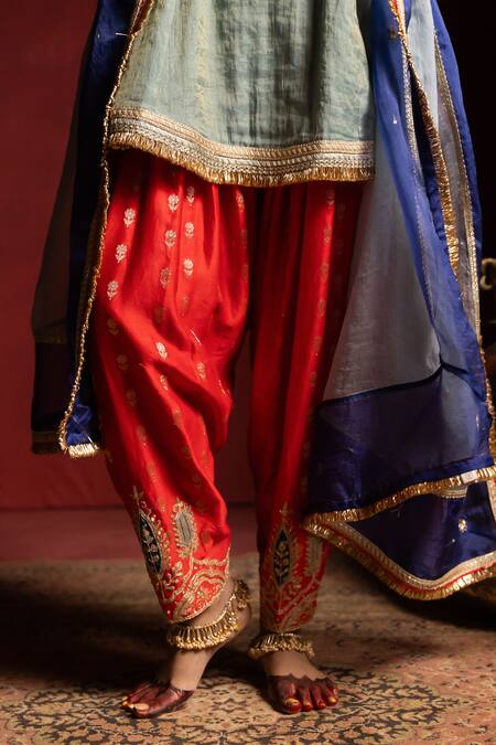 Shop_Pants And Pajamas_Blue Silk Organza Embroidery, Zari Raunaq Dupatta _Online_at_Aza_Fashions