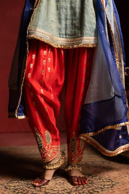 Buy_Pants And Pajamas_Red Chanderi Silk Embroidery, Zari Raunaq Salwar 