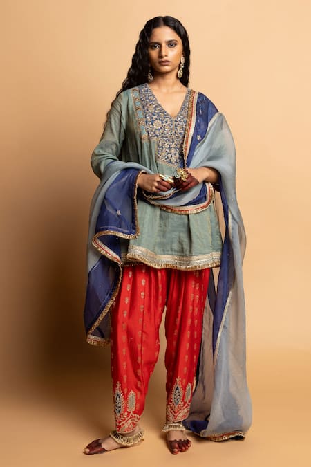 Shop_Pants And Pajamas_Aqua Chanderi, Voile Embroidery, Zari V-neck Raunaq Kurta _Online_at_Aza_Fashions