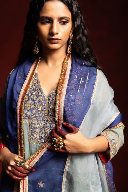 Shop_Pants And Pajamas_Aqua Chanderi, Voile Embroidery, Zari V-neck Raunaq Kurta 