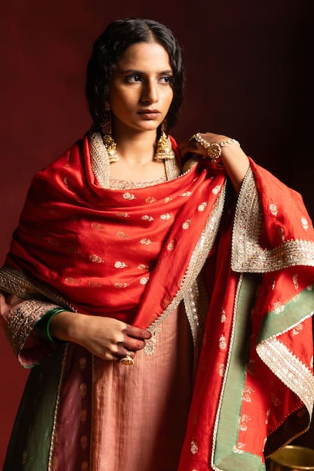 Shop_Pants And Pajamas_Red Chanderi Silk Zari, Embroidery Heer Dupatta _Online_at_Aza_Fashions