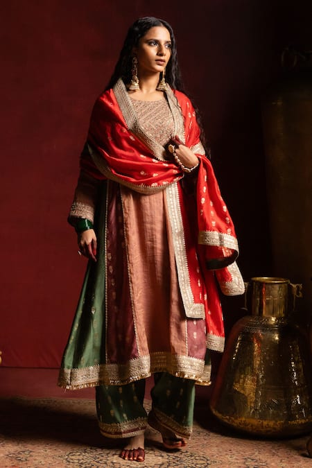 Buy_Pants And Pajamas_Red Chanderi Silk Zari, Embroidery Heer Dupatta 