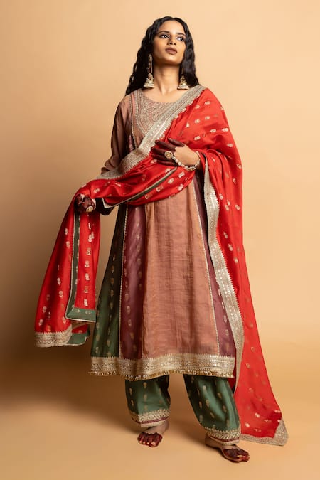 Pants And Pajamas_Pink Chanderi, Voile Embroidery, Zari Round Neck Heer Kurta _at_Aza_Fashions