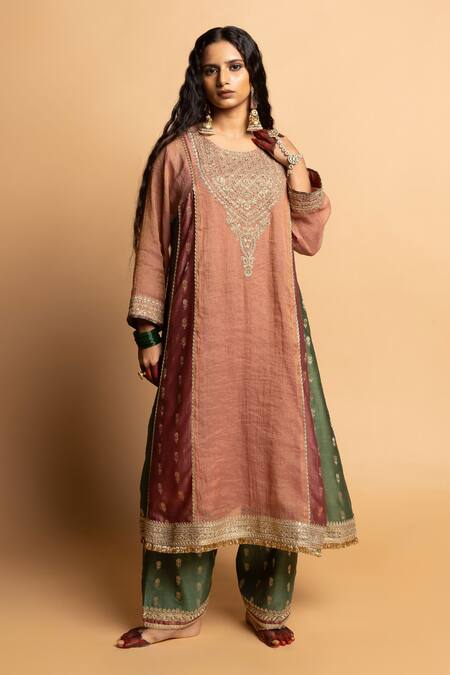 Shop_Pants And Pajamas_Brown , Voile, Silk Embroidery, Zari Round Neck Heer Kurta Set _Online_at_Aza_Fashions