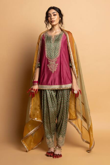 Buy_Pants And Pajamas_Yellow Silk Organza Embroidery, Zari Noor Dupatta _Online_at_Aza_Fashions