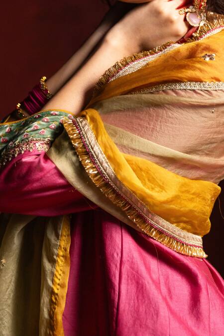 Shop_Pants And Pajamas_Yellow Silk Organza Embroidery, Zari Noor Dupatta _Online_at_Aza_Fashions