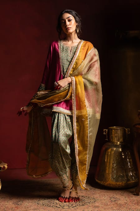 Pants And Pajamas_Green Silk Embroidery Noor Salwar _at_Aza_Fashions