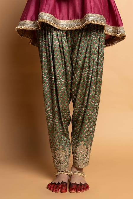 Shop_Pants And Pajamas_Green Silk Embroidery Noor Salwar 