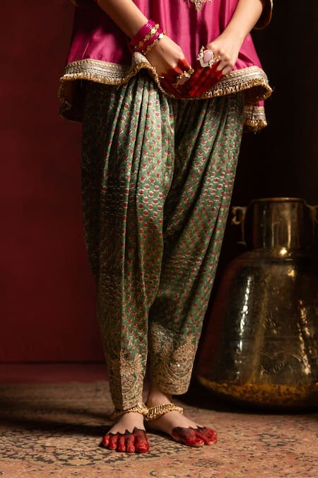 Shop_Pants And Pajamas_Wine Chanderi , , Organza Embroidery, Zari Round Noor Kurta Set 