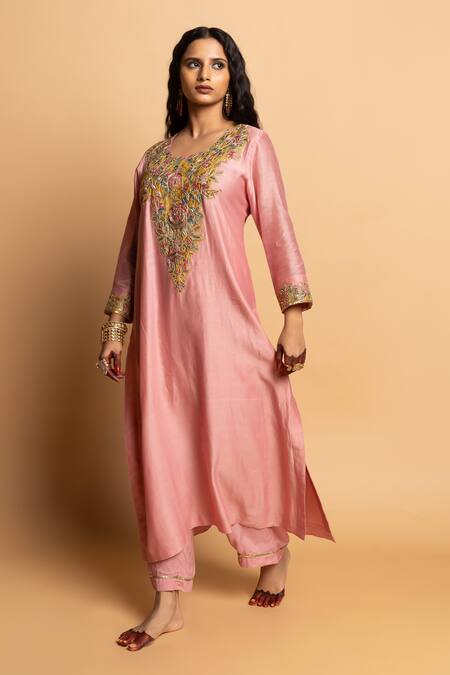 Buy_Pants And Pajamas_Pink Chanderi , Cotton, Embroidery, Zari Round Alankrita Kurta Set 