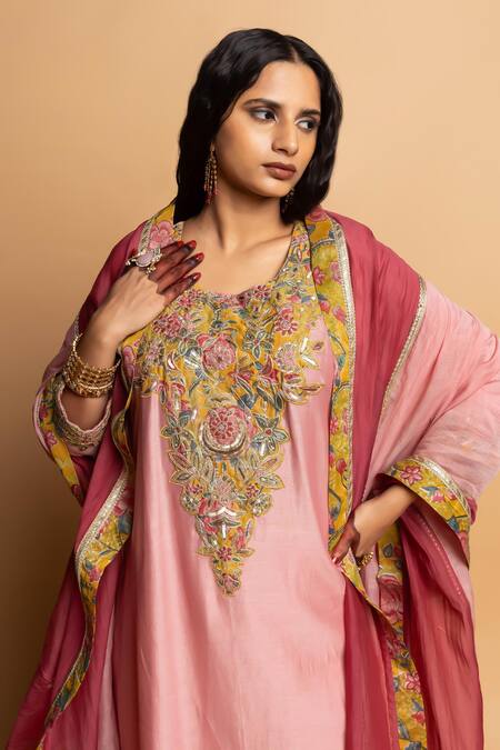 Pants And Pajamas_Pink Chanderi , Cotton, , Organza Embroidery, Alankrita Kurta Set _at_Aza_Fashions