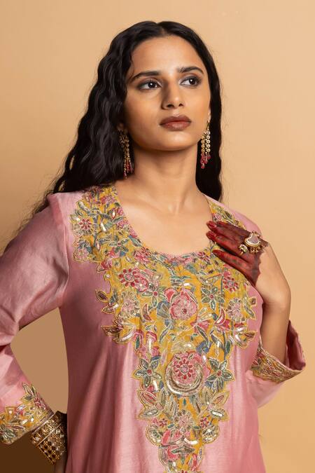 Buy_Pants And Pajamas_Pink Chanderi , Cotton, , Organza Embroidery, Alankrita Kurta Set 