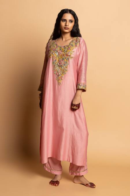 Shop_Pants And Pajamas_Pink Chanderi , Cotton, , Organza Embroidery, Alankrita Kurta Set 