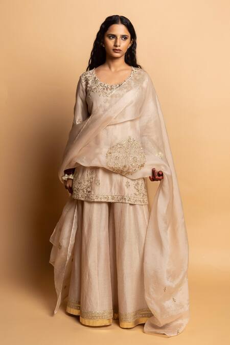 Buy_Pants And Pajamas_Ivory Chanderi Silk Embroidery Round Neck Kurta _Online_at_Aza_Fashions