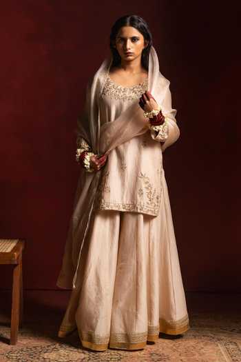 Shop Pants And Pajamas Ivory Silk, Silk, Embroidery, Zari, Lace Round Neck Kurta Set Online at Aza Fashions Shop_Pants And Pajamas_Ivory Silk, Silk, Embroidery, Zari, Lace Round Neck Kurta Set _Online_at_Aza_Fashions