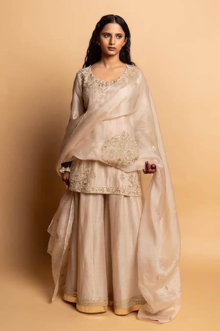 Buy Pants And Pajamas Ivory Chanderi , Organza Embroidery, Zari, Lace Round Neck Kurta Set Online at Aza Fashions Buy_Pants And Pajamas_Ivory Chanderi , Organza Embroidery, Zari, Lace Round Neck Kurta Set _Online_at_Aza_Fashions