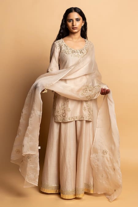 Shop Pants And Pajamas Ivory Chanderi , Organza Embroidery, Zari, Lace Round Neck Kurta Set Online at Aza Fashions Shop_Pants And Pajamas_Ivory Chanderi , Organza Embroidery, Zari, Lace Round Neck Kurta Set _Online_at_Aza_Fashions