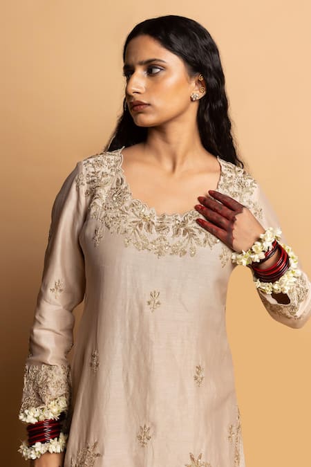 Buy Pants And Pajamas Ivory Chanderi , Organza Embroidery, Zari, Lace Round Neck Kurta Set Buy_Pants And Pajamas_Ivory Chanderi , Organza Embroidery, Zari, Lace Round Neck Kurta Set