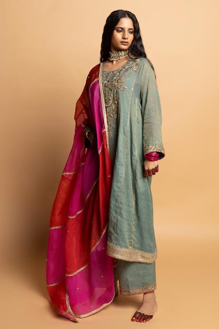 Buy_Pants And Pajamas_Fuchsia Silk Organza Embroidery, Zari Ruh Dupatta _Online_at_Aza_Fashions