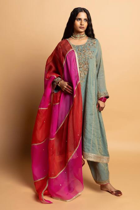 Buy_Pants And Pajamas_Aqua Chanderi Zari, Embroidery Ruh Salwar _Online_at_Aza_Fashions