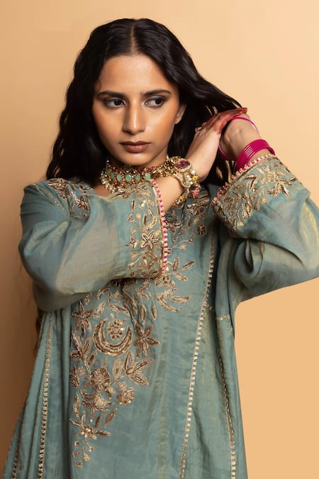 Pants And Pajamas_Aqua Chanderi Zari, Embroidery Round Neck Ruh Kurta _at_Aza_Fashions