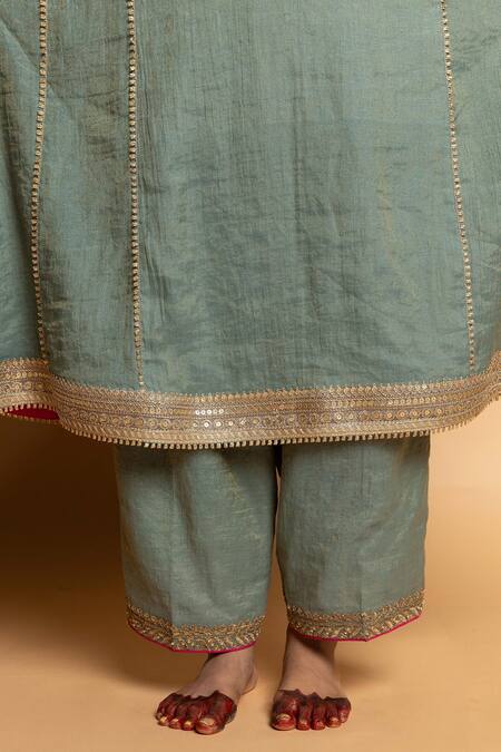 Buy Pants And Pajamas Aqua Chanderi Embroidery, Zari Round Neck Ruh Kurta Set Buy_Pants And Pajamas_Aqua Chanderi Embroidery, Zari Round Neck Ruh Kurta Set