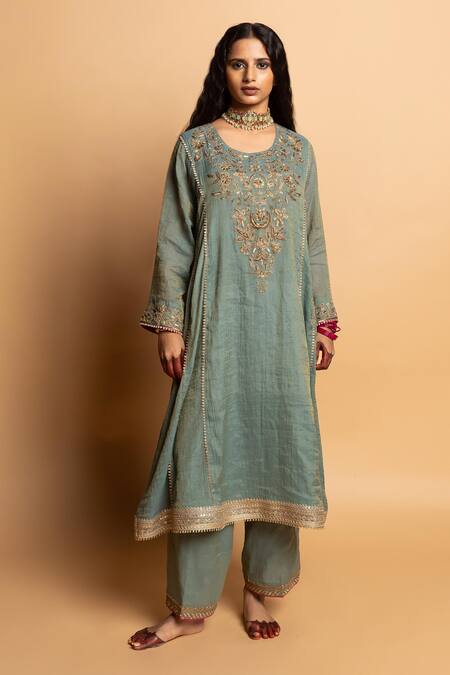 Shop_Pants And Pajamas_Aqua , , Organza Embroidery, Zari Round Ruh Kurta Set _Online_at_Aza_Fashions