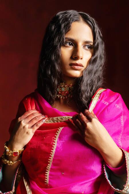 Pants And Pajamas_Aqua , , Organza Embroidery, Zari Round Ruh Kurta Set _at_Aza_Fashions