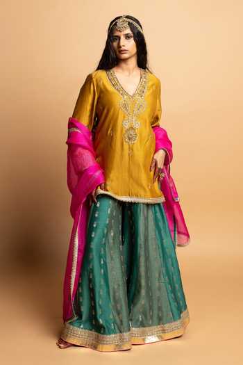 Buy Pants And Pajamas Green Chanderi Silk Embroidery, Lace, Zari Hemangi Sharara Online at Aza Fashions Buy_Pants And Pajamas_Green Chanderi Silk Embroidery, Lace, Zari Hemangi Sharara _Online_at_Aza_Fashions