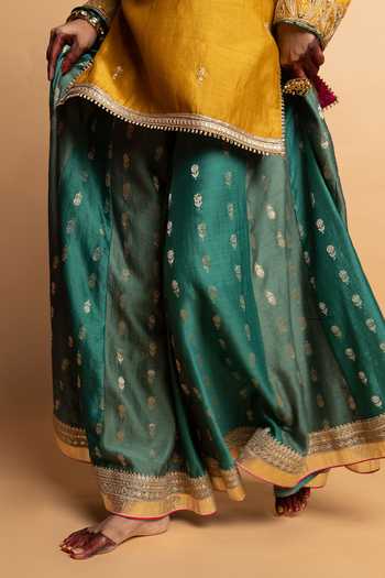 Pants And Pajamas Green Chanderi Silk Embroidery, Lace, Zari Hemangi Sharara at Aza Fashions Pants And Pajamas_Green Chanderi Silk Embroidery, Lace, Zari Hemangi Sharara _at_Aza_Fashions