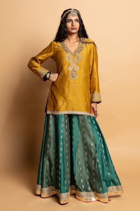 Shop_Pants And Pajamas_Mustard Silk, Silk, Embroidery, Zari, Hemangi Kurta Set _Online_at_Aza_Fashions