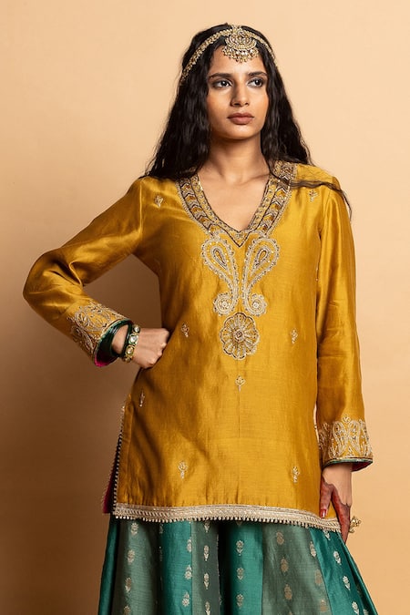 Shop_Pants And Pajamas_Mustard Chanderi , Organza, Embroidery, Zari, Hemangi Kurta Set _Online_at_Aza_Fashions